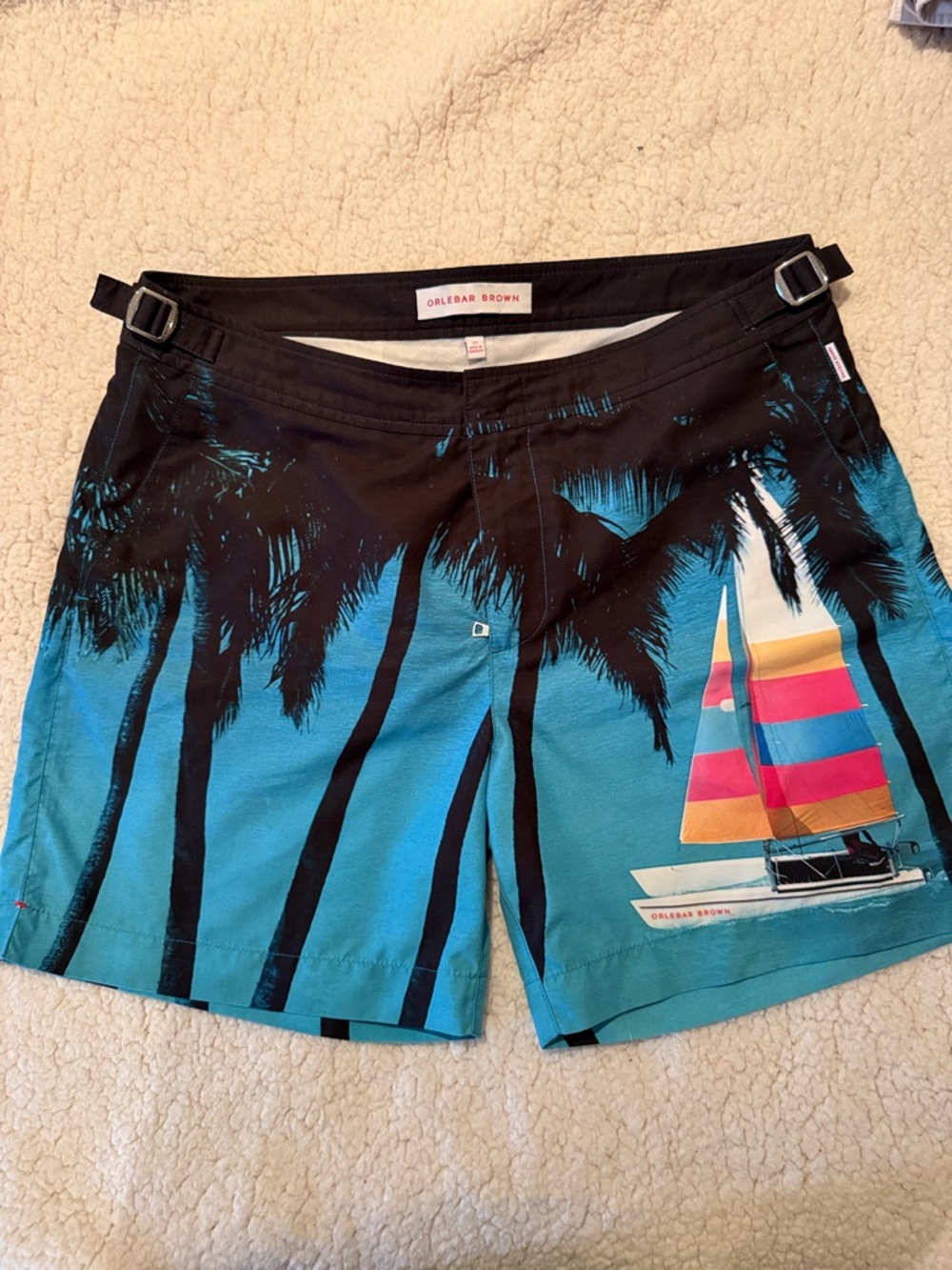 Orlebar Brown Light Blue & Black Palm & Sailboat Swim Trunks size 32